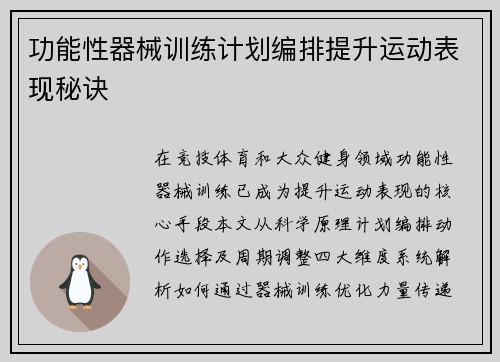 功能性器械训练计划编排提升运动表现秘诀